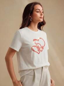 Anewsta 女士水钻爱心图案圆领短袖休闲T恤 - 白色 - 查看 4