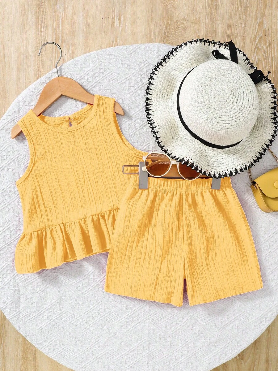 SHEIN Genkimix Kids Young Girl Woven Solid Color Round Neck Sleeveless Tank Top And Loose Woven Solid Color Shorts 2-Piece Set - Yellow - View 1