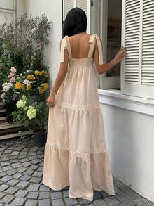 SHEIN Unity Vestido maxi de corte evasé con espalda abierta y lazada, cuello cuadrado, cintura alta y rayas azules, para primavera/verano y vacaciones - Caqui - Ver 2