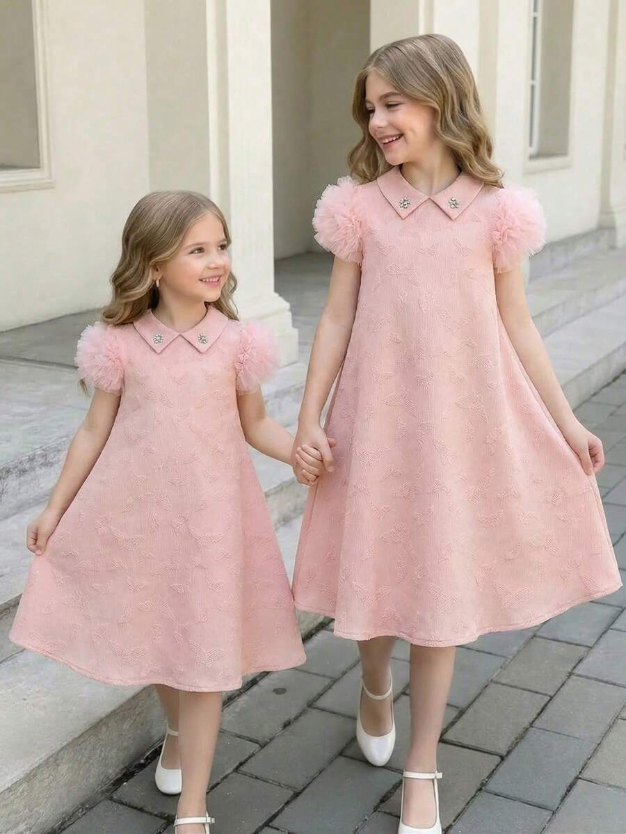 Tween Girl Butterfly Jacquard Contrast Mesh Puff Sleeve Tannelette Dress - Pink - View 1
