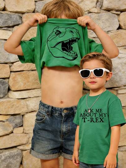 Kids Young Boy This Comfortable And Stylish Short-Sleeved Knit T-Shirt For Boys Features A Fun Dinosaur Cartoon Print, A Round Neck, And A Relaxed Fit. Perfect For Commuting To And From School, Everyday Casual Wear, Vacations, Sports, And Spring/Summer Holidays. Also Suitable As An Easter Gift.