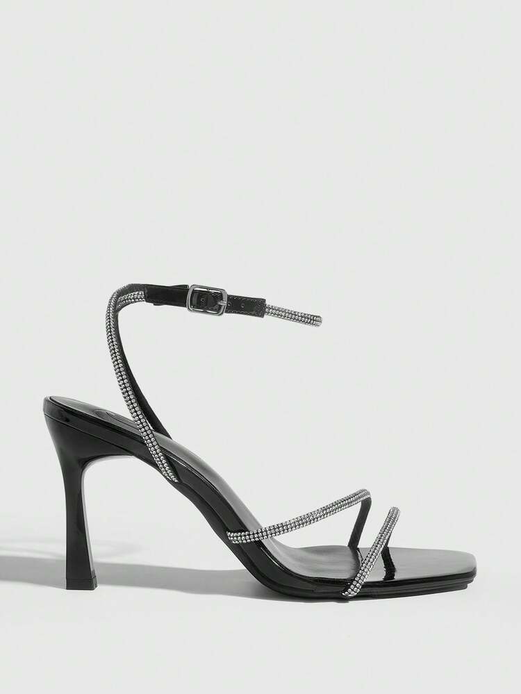 CUCCOO SZL Women Shoes Spring And Summer New Black Rhinestone Belt Ankle Strap Women's High Heel Sandals Simple Fashion Comfortable Versatile Sexy Party Banquet Women's Sandals Women's Shoes Prom Heels