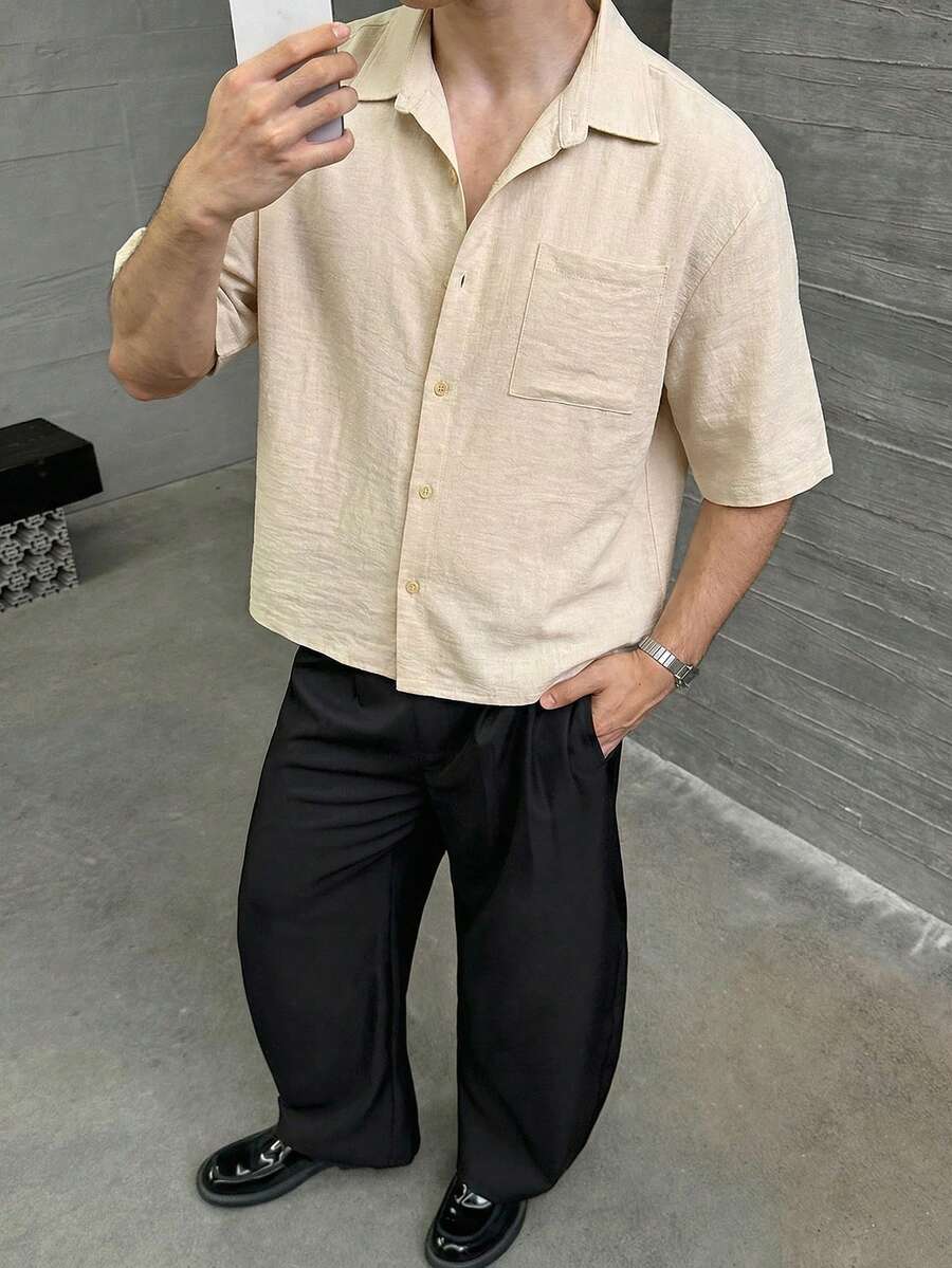 SWAVVY 男士休闲宽松衬衫，舒适简约风格，春夏新款时尚短款男士衬衫，男士方正衬衫，男士短款纽扣衬衫 - 卡其色 - 查看 1