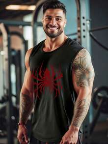 GymBeat Men's Spider Print Round Neck Black Summer Sports Tank Top - Black - View 3