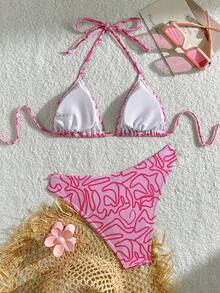 Swim Mod 女士夏季沙滩全印花挂脖系带性感比基尼和三角泳裤泳装套装，女士比基尼套装，聚拢泳衣比基尼套装，女士聚拢泳衣，女士连体泳衣 - 粉色 - 查看 2