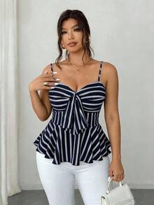 SHEIN Elenzya 大尺碼無袖時尚通勤度假優雅性感細肩帶上衣 海軍藍 夏季 - 藏蓝色 - 查看 2