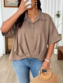 Weeklong Plus Size Women's Solid Color Short Sleeve Single-Breasted Pleated Shirt - Khaki - View 5