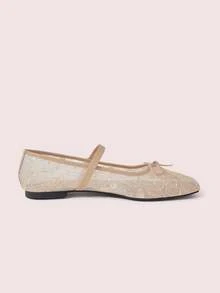 CUCCOO DOLLMOD Zapatos de mujer tipo Mary Jane con diseño de flor bordado en malla de color albaricoque, decoración de lazo lindo, suela baja, transpirable, material de malla de hilo adecuado para uso primavera y verano - Albaricoque - Ver 3