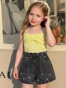 2pcs/Set Toddler Girls Summer New Ribbed Fabric Yellow Strap Top With Bow & Pearl Design, Black Denim Shorts With Rhinestone Hem, Simple Elegant Casual Holiday Outfit - Multicolor - View 1