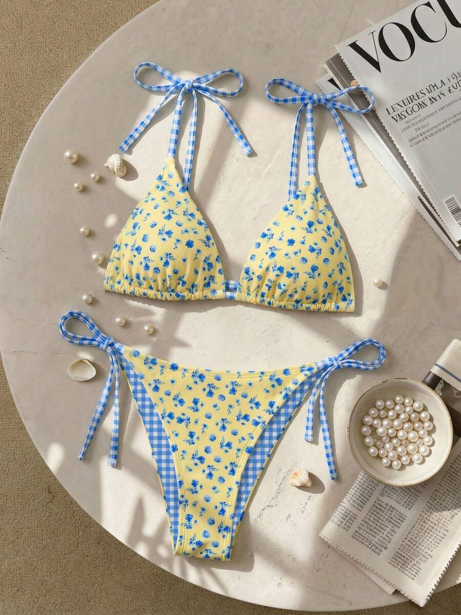 Swim Mod 大码彩色印花吊带蝴蝶结三角杯泳衣上装和高腰系带泳裤套装，可爱清新优雅沙滩度假泳装 - 彩色 - 查看 1