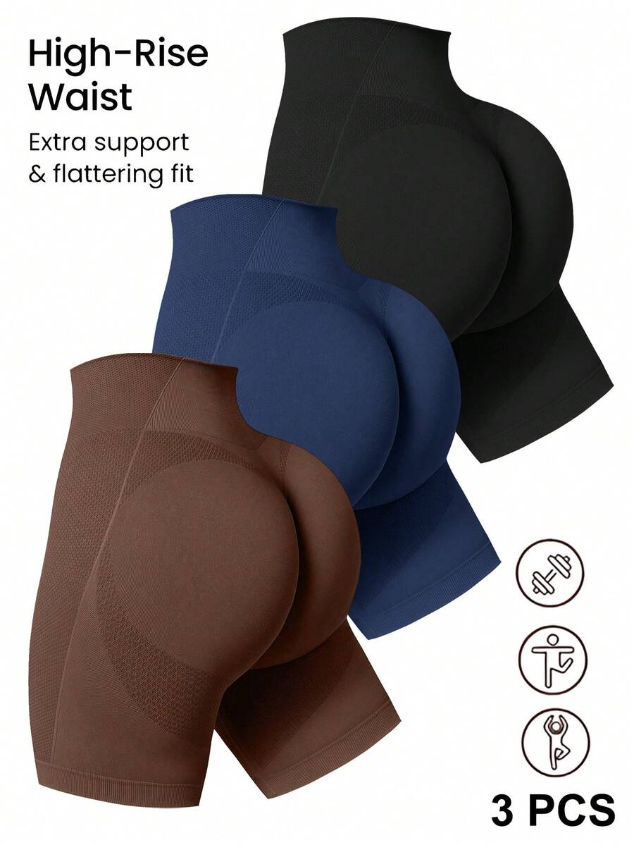Velisys Velisys 3 buah Celana Pendek Olahraga/Bersepeda Wanita Tanpa Jahitan, Warna Polos, Elastis - MultiWarna - View 1