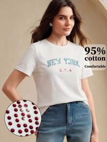 Anewsta Summer Casual Letter Rhinestone Embellished Short Sleeve T-Shirt - White - View 3