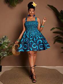 Maweii Plus Size Women's Navy Blue Summer Boho Vacation Holiday Dress,Abstract Striped Print,Adjustable Spaghetti Strap,Front&Back Drawstring Waist,Ruffle - Multicolor - View 4