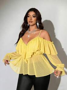 Viva Relle Blusa casual versátil de uso diario con hombros descubiertos y volantes en unicolor para mujer de talla grande - Amarillo claro - Ver 2