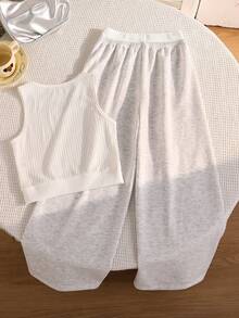 Conjunto informal de niña preadolescente de top corto sin mangas de punto cómodo y versátil de estilo nórdico + pantalón de chándal con cintura contrastante - Multicolor - Ver 2