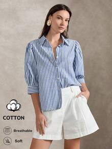 Briarwyn Camisa de mujer de solapa a rayas, de un solo pecho, casual y versátil para uso diario - Azul - Ver 3