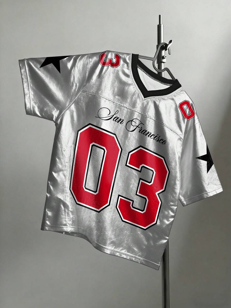 STEELVANCE 男士休闲数字印花V领短袖T恤，夏季 - 彩色 - 查看 1