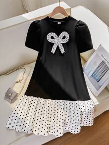 SHEIN 1pc Tween Girl Bowknot Pleated Short Sleeve Dress, Loose Fit, Spring/Summer - Black and White - View 1