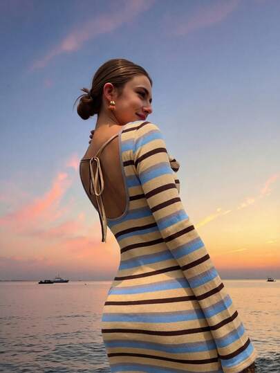 Aidyla Women's Fashion Mini Dress, Long Sleeve Loose Retro Style, Suitable For Holiday, Party, Vacation, Travel, Street Style, Striped Color Block Dress Bodycon Dress Striped Dress Long Sleeve Dress Stripe Dress Spring Summer Picks Yellow Dress Yellow Dress For Women Beach Ysk Clothes Ycv9w Discount Code For Woman Dress