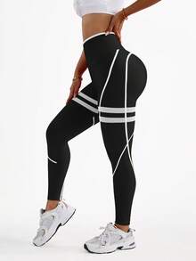 Dewbera 女士条纹高腰休闲健身紧身裤 - 黑色 - 查看 4