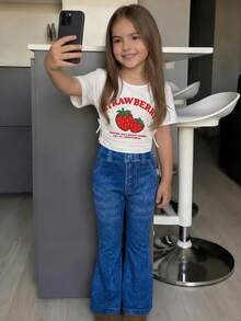 SHEIN 2pcs/Set Young Girl Knit Crew Neck Pleated Casual T-Shirt And Flare Pants Set Easter Strawberry Girls Clothes Summer Clothes Sets Girls  Flare Jeans With Unique Pattern Stylish Blue Bell Bottoms For Kids - Blue - View 3