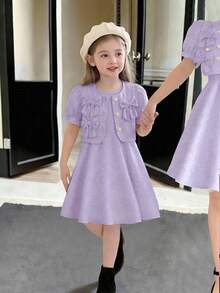 Young Girl Puff Sleeve Jacket With 3D Bow Decor, Paired With Sleeveless Dress, Elegant For Daily, Work, Party - Mauve Purple - View 8