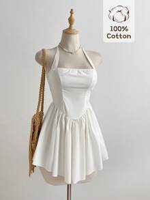 Elamini 女士纯色露背系带褶皱优雅收腰迷你连衣裙，适合约会和派对。女士连衣裙，女士夏季连衣裙，100%纯棉，女士夏季套装，白色夏季连衣裙，女士服装连衣裙，护士服，纯棉高品质连衣裙，露背连衣裙 - 白色 - 查看 1