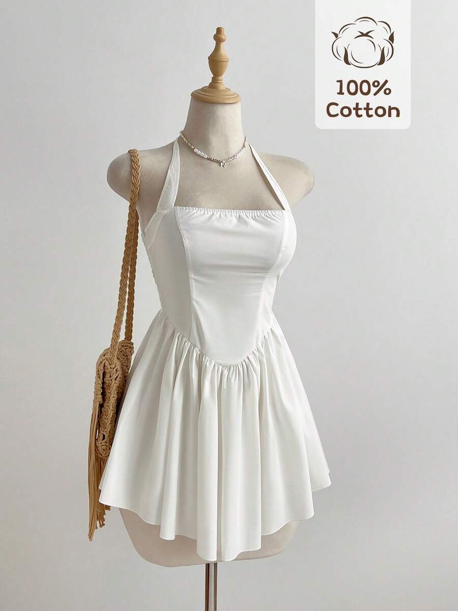 Elamini 女士纯色露背系带褶皱优雅收腰迷你连衣裙，适合约会和派对。女士连衣裙，女士夏季连衣裙，100%纯棉，女士夏季套装，白色夏季连衣裙，女士服装连衣裙，护士服，纯棉高品质连衣裙，露背连衣裙 - 白色 - 查看 1