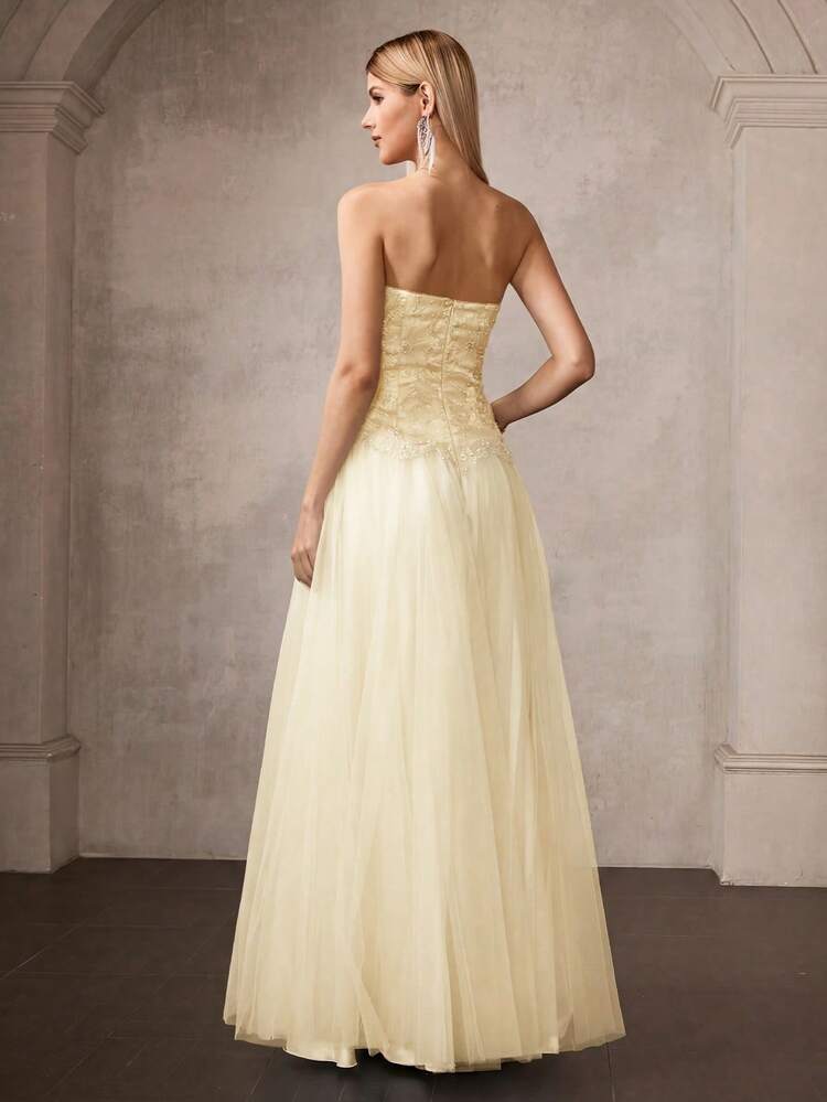 MOTF Soiréza ELEGANT STRAPLESS MAXI SATIN & MESH PARTY GOWN – 3D FLORAL EMBROIDERY, SPARKLY FAUX PEARL ACCENTS, FORM-FITTING SILHOUETTE WITH VOLUMINOUS SPLICED MESH A-LINE DRESS | PERFECT FOR PARTIES, GALAS, NEW YEAR'S EVE & FORMAL EVENTS,SPRING OUTFITS SUMMER DRESSES