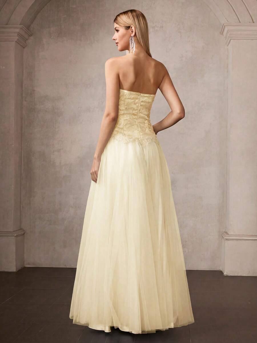 MOTF Soiréza ELEGANT STRAPLESS MAXI SATIN & MESH PARTY GOWN – 3D FLORAL ...