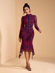 JIAN LASALA Vestido midi de manga larga con cuello de tortuga de malla con estampado total, ajustado, con bajo asimétrico, estilo bohemio casual - Multicolor - Ver 3