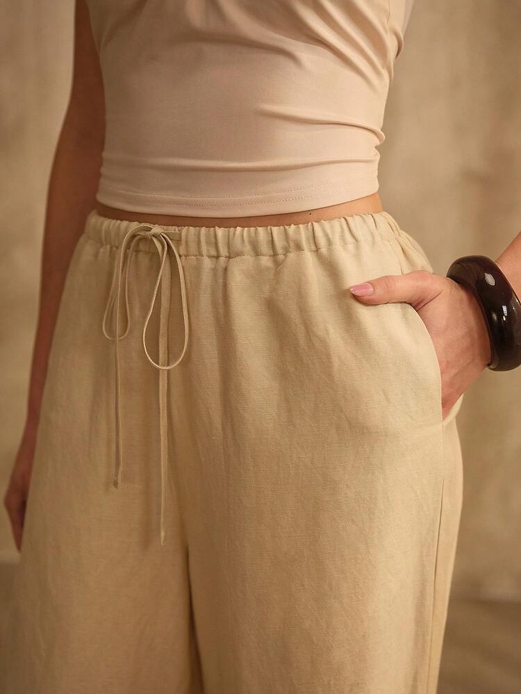 WOMEN'S APRICOT LOOSE WAIST TIE STRAIGHT LEG SHORTS
