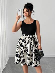Elenzga Plus Size Women Plant Print Round Neck Sleeveless Casual Dress - Black and White - View 4