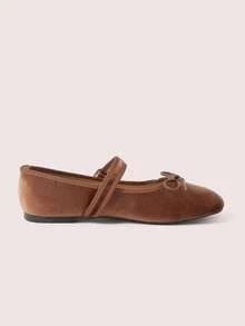 CUCCOO DOLLMOD Ladies Brown Round Toe Bow Decoration With Buckle Flat Sole Shoes Upper Velvet Material Suitable For Daily Commuting Birthday Parties - Brown - View 3