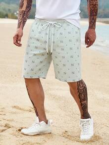 Manfinity RSRT Men's Letter Print Drawstring Waist Pocket Casual Versatile Daily Wear & Beach Shorts - Mist Green - View 3