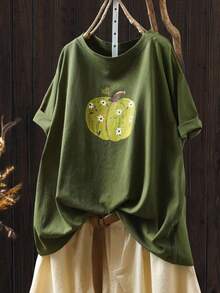 EMERY ROSE Plus Size Women Casual Versatile Fruit & Pumpkin Print Short Sleeve T-Shirt, Suitable For Summer - Green - View 1