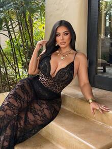 NU&NOW Plus Size Women's Leopard Print Knit Lace Trim Spaghetti Strap Bodysuit,Tight Waist Brown,Summer,70's,Night Out Club,Party, Date Outfit - Multicolor - View 4
