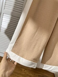 少女休闲百搭日常穿搭黑白撞色圆领插肩袖T恤+直筒针织裤套装 - 杏色 - 查看 5