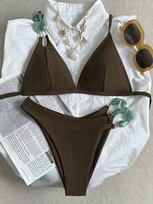 Swim Chiccia Elegante traje de baño de dos piezas con parte superior triangular y Bottom en tela brillante de unicolor - Café integral - Ver 7