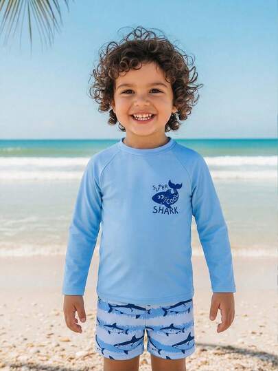 SHEIN Baby Light Blue Shark Print Long Sleeved Split Swimsuit Set, Children's Sun Protection Quick Drying Swimsuit For Summer, New Skin Friendly Breathable Swimsuit, Comfortable And Comfortable Fit, Loose Sports Version, Children's Beach Vacation, Hot Spring Water Park, Fashionable Dressing, Energetic And Fun Style Swimsuit Boys Swim Shirt Rash Guard For Boys Shark Swim Suit Kids Swim Wear For Kids Beach Wear For Kids