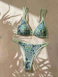 Swim Vcay Plus Size Navy Blue Boho Printed Swimwear Set,Women's Summer Holiday Beach Double-Layer Spaghetti Strap Triangle Cup Backless Top & High Waist Bottom - Multicolor - View 4