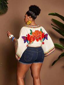 Maweii 大码女式度假印花露背系带蝴蝶结沙滩休闲短款衬衫 - 彩色 - 查看 3