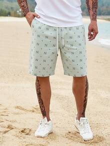 Manfinity RSRT Men's Letter Print Drawstring Waist Pocket Casual Versatile Daily Wear & Beach Shorts - Mist Green - View 6