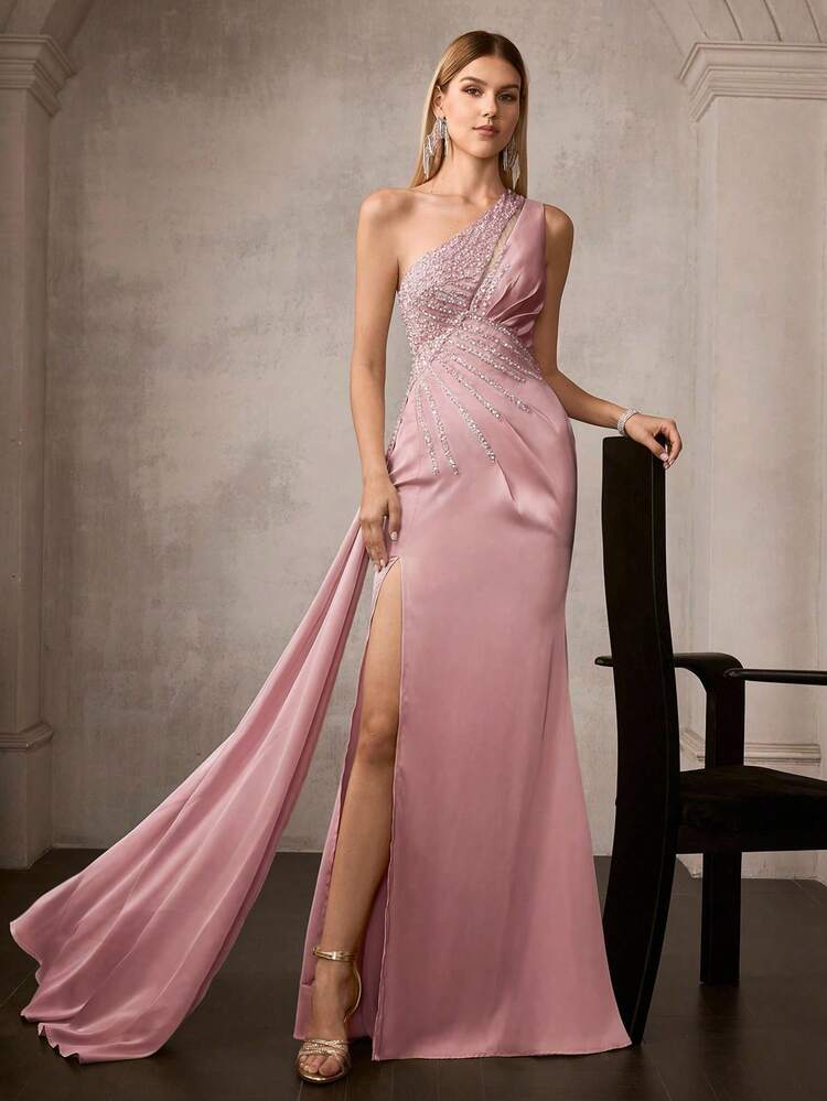MOTF Soiréza WOMEN'S ELEGANT FORM-FITTING SLEEVELESS ASYMMETRICAL NECK SATIN MAXI PARTY GOWN – BEADED EMBELLISHMENTS, HIGH-SLIT MERMAID HEM & ASYMMETRIC DRAP SIDE | PERFECT FOR WEDDINGS, GALAS & FORMAL EVENINGS