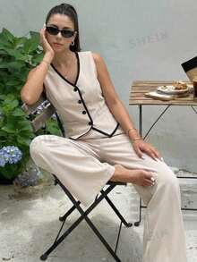 Reset Phase Conjunto de chaqueta sin mangas con cuello en V y botones con ribete de contraste y pantalones de cintura elástica para adolescentes - Albaricoque - Ver 4