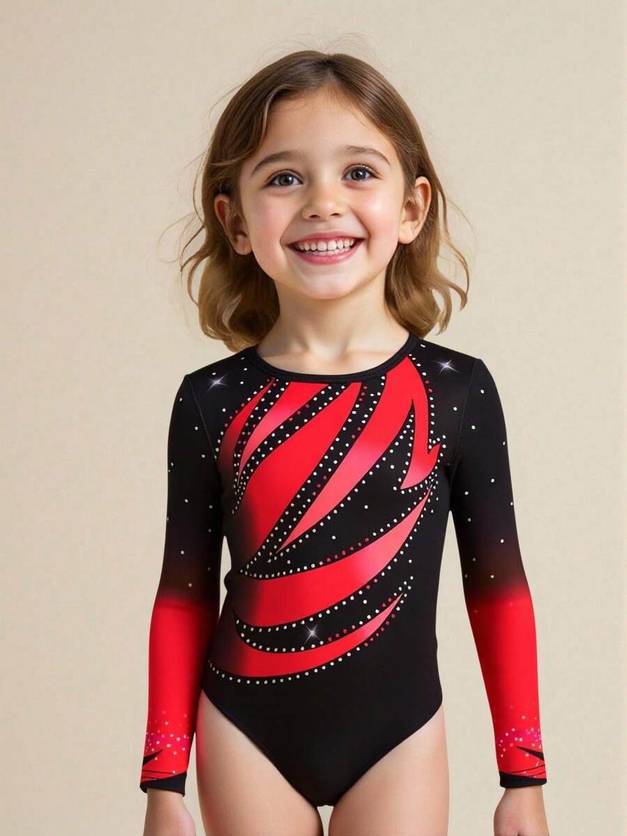 女童体操服,长袖可爱连体衣,舞蹈运动服,黑色弹力体操服 - 彩色 - 查看 1