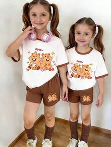 2件套少女休闲卡通海狸印花短袖T恤和短裤套装，夏季短袖短裤套装系列，适合女孩，可爱少女风上衣 - 彩色 - 查看 3