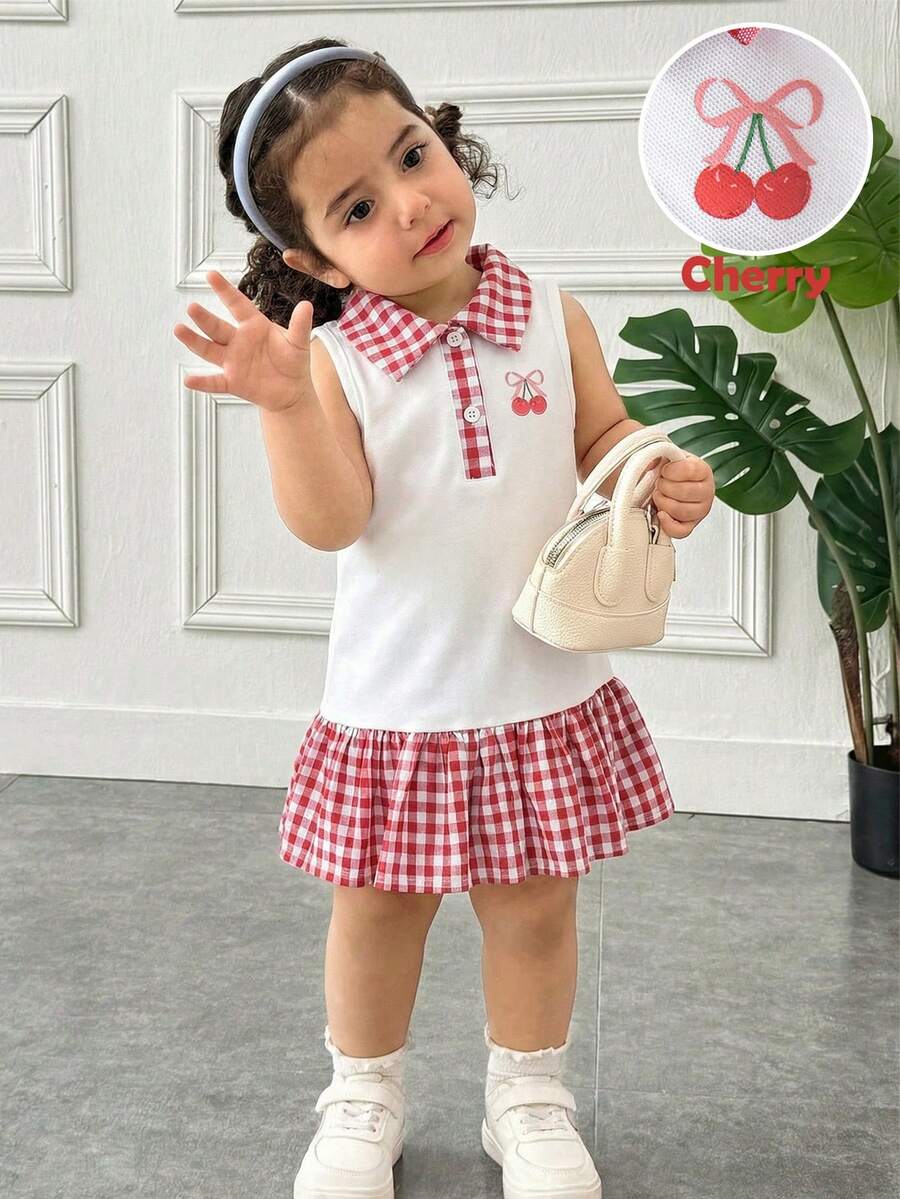 SHEIN Baby Girl Cherry Print Casual Vacation Daily Wear Dress With Peter Pan Collar - Red and White - View 1