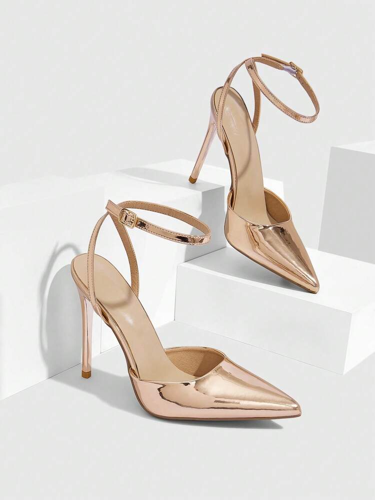 CUCCOO SZL Women Shoes Pointed Stiletto Champagne Glossy Ankle Strap Women's Shoes Simple Temperament Fashion Sexy Party Banquet Nightclub Women's High Heels Shoes Women's Shoes
