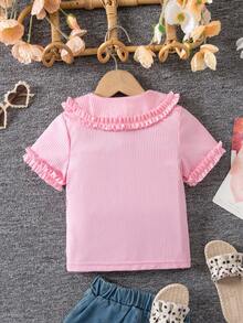 SHEIN Genkimix Kids 女童条纹荷叶边休闲百搭日常短袖T恤 - 粉色 - 查看 2
